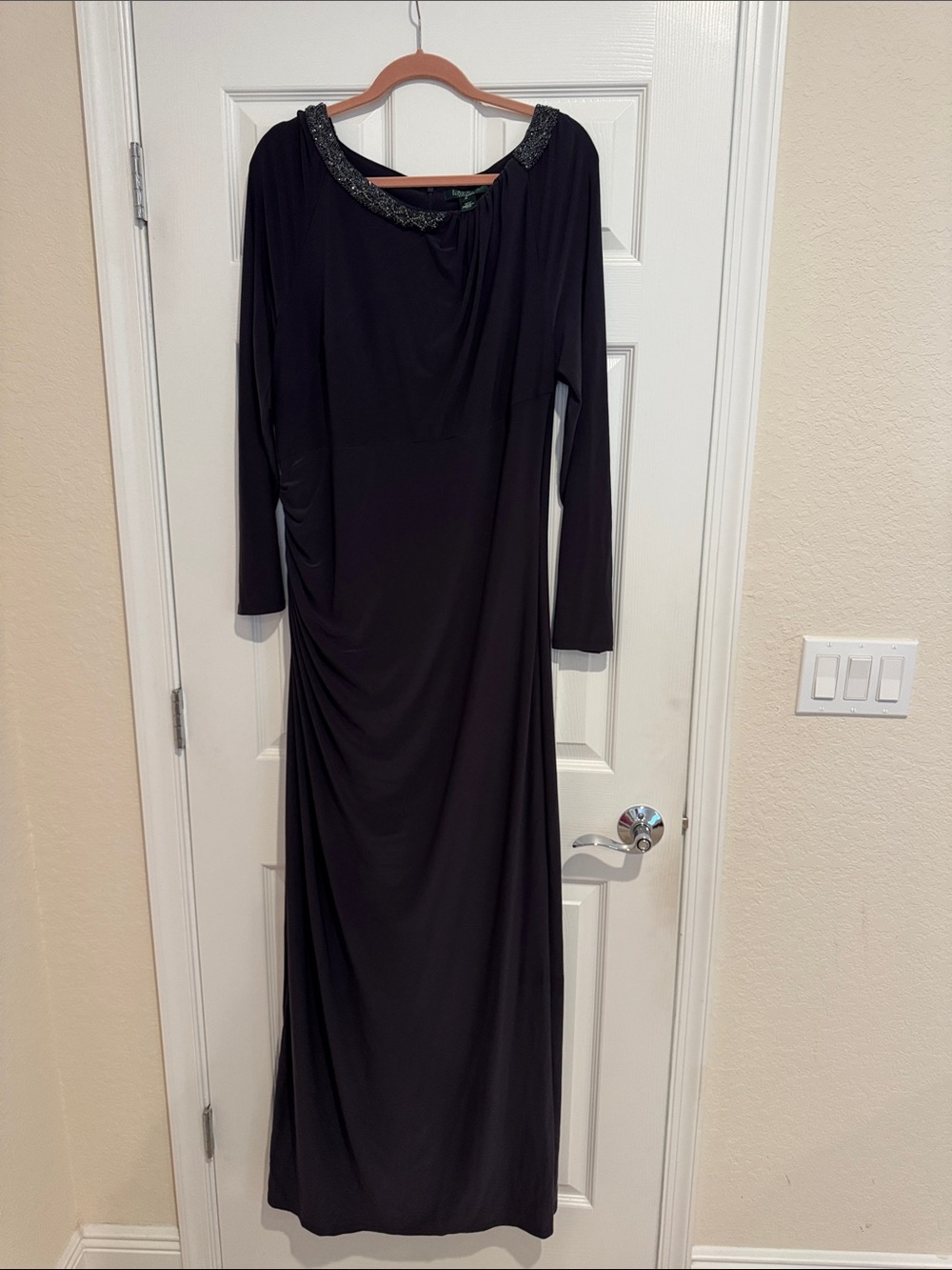 Ralph Lauren Black Long-Sleeve Evening Gown with Beaded Neckline